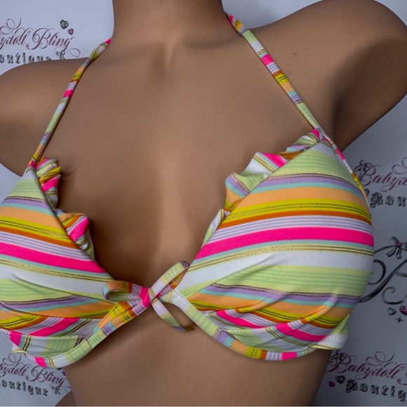 Victoria secret bikini top neon orange pink striped gold shimmer ruffle cupped - Picture 12 of 13